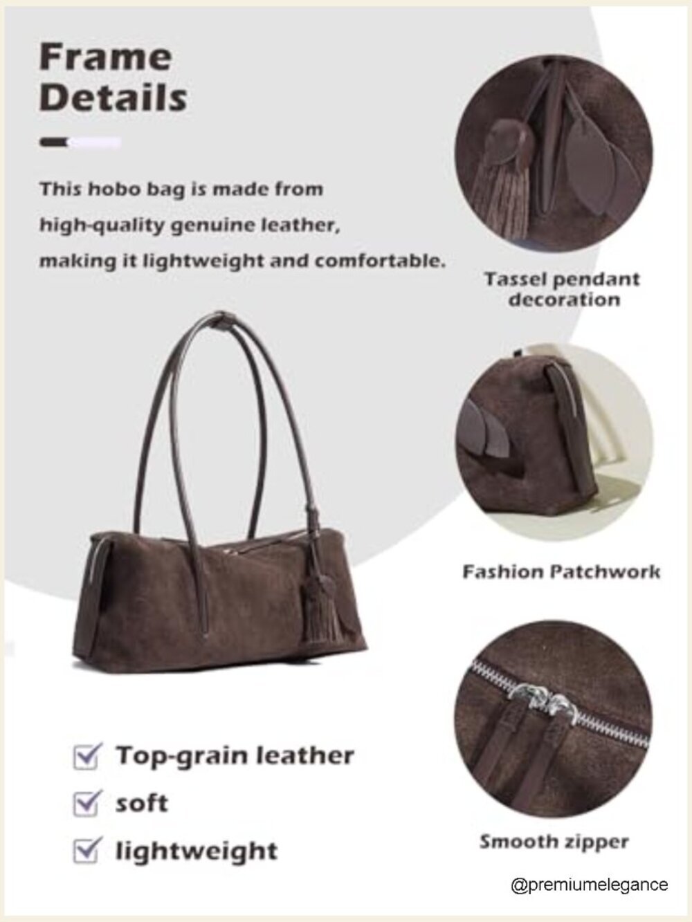 Genuine Suede Leather Hobo Bag, Lightweight Tote Handbag, Soft Shoulder Bag - Picture 6 of 7